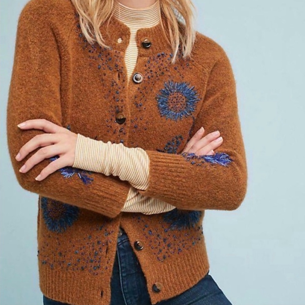 Anthropologie Field Flower Golden Grove Cardigan sweater embroidered beaded S